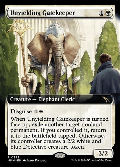 Card Name: Unyielding Gatekeeper
Set: Murders at Karlov Manor
Description: Disguise {1}{W} (You may cast this card face down for {3} as a 2/2 creature with ward {2}. Turn it face up any time for its disguise cost.)
When this creature is turned face up, exile another target nonland permanent. If you controlled it, return it to the battlefield tapped. Otherwise, its controller creates a 2/2 white and blue Detective creature token.
Artist: Borja Pindado