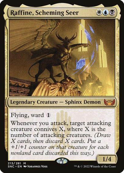 Card Name: Raffine, Scheming Seer
Set: Streets of New Capenna
Description: Flying, ward {1}
Whenever you attack, target attacking creature connives X, where X is the number of attacking creatures. (Draw X cards, then discard X cards. Put a +1/+1 counter on that creature for each nonland card discarded this way.)
Artist: Johannes Voss