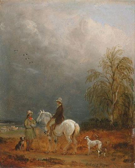 A landscape scene with a dark ominous sky with four small birds flying away from the clouds. At the centre of the scene, a well-dressed man on a white/grey horse is talking to a smocked farmer/shepherd. The smocked figure has a working dog sitting at his feet (it looks like a border collie) while the rider has a white greyhound-like and possible spaniel and a third shadowy dog following his horse. Image from Wikimedia Commons.