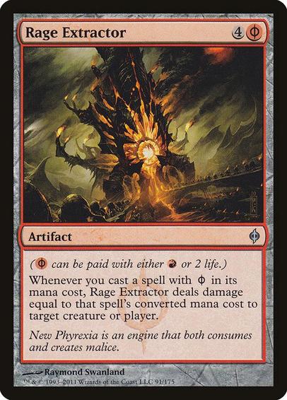 Card Name: Rage Extractor
Set: New Phyrexia
Description: ({R/P} can be paid with either {R} or 2 life.)
Whenever you cast a spell with {H} in its mana cost, this artifact deals damage equal to that spell's mana value to any target.
Artist: Raymond Swanland