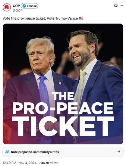 A November 4 tweet from the @GOP account on Twitter, which has a picture of Donald Trump and JD Vance with the text: "The pro-peace ticket." The tweet reads: "Vote the pro-peace ticket. Vote Trump-Vance US flag."