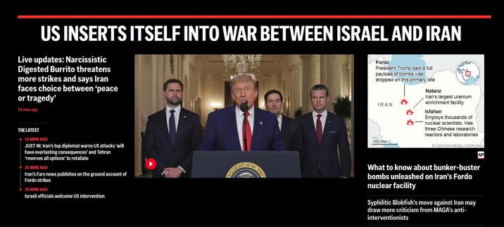 Image of the Orange-Mussolini standing with various Fascists with headline "US INSERTS ITSELF INTO WAR BETWEEN ISRAEL AND IRAN"