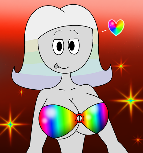Bust drawing of Tungsten wearing her rainbow bikini top. A rainbow-colored heart appears next to her head, indicating she's happy. The background is red with a few rainbow-colored sparkles around.