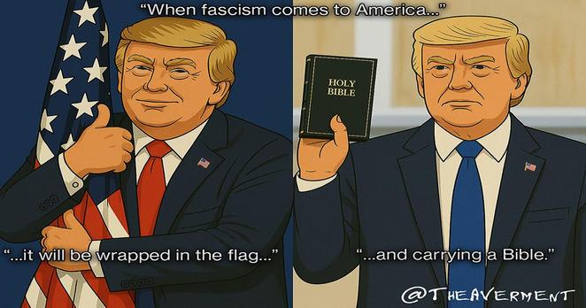 Trump hugging the flag. Trump holding the bible. When Fascism Comes To America It Will Be Carrying The Flag And Hugging The Bible.