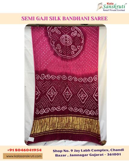 🍑🐦 Peach & Maroon Semi Gaji Silk Bandhani Saree 💖✨