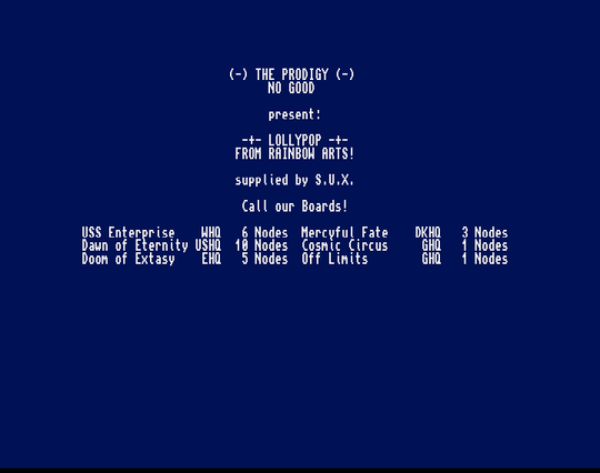 Screenshot of "Lollypop" - Crack: Prodigy (PDY) - Published by Rainbow Arts on Commodore Amiga (1995)