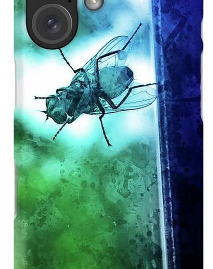 Housefly sitting on the window - watercolor painting effect in blue and green
