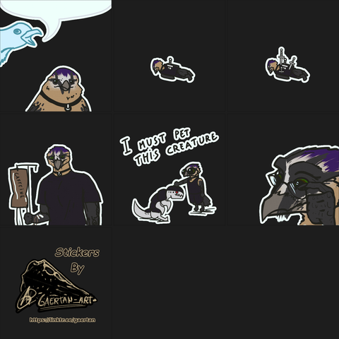 collage showcasing different sketches featuring an anthropomorphic bearded vulture, wearing black clothing and a ringed choker, and also having the top of the head dyed violet, in different situations; as the "annoyed bird when other is talking" meme, lying on the floor with a knive on their back(and another version with a bunch of them instead), a "very tired" version, with an IV bag full of coffee, a version saying "i must pet this creature" with a warhammer tyranid(an alien creature), and another one with a somewhat surprised face, eyebrows risen and grabbing their glasses.