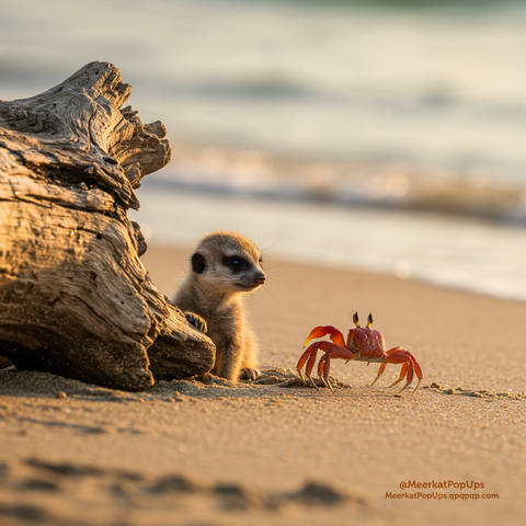これはAI生成画像です。画像は、夕暮れ時の砂浜に、流木と一匹のミーアキャット、そして赤いカニが描かれています。ミーアキャットは流木の後ろから顔を出し、カニの方をじっと見ています。カニは鮮やかな赤色で、ミーアキャットの方を向いています。背景にはぼやけた海の水平線が見え、全体的に穏やかで暖かみのある光景です。

This is an AI-generated image. The image depicts a piece of driftwood, a meerkat, and a red crab on a sandy beach at dusk. The meerkat is peeking from behind the driftwood, gazing intently at the crab. The crab is brightly red and appears to be facing the meerkat. In the background, a blurred ocean horizon is visible, creating an overall calm and warm scene.

