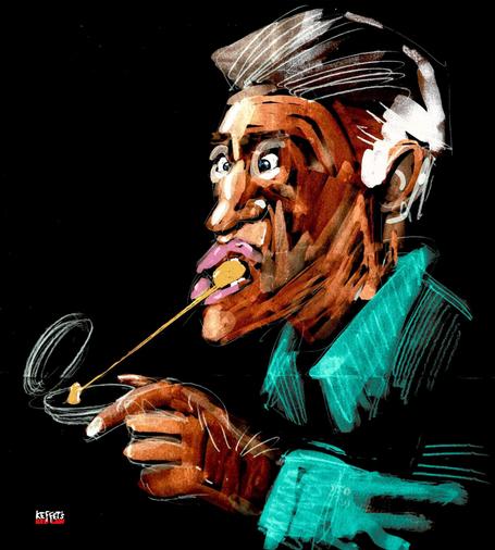 Die cartoonhafte Zeichnung eines Muschelessers. In der Hand hält er eine Muschelschale, allerdings weigert sich die Muschel sich von ihrem "Fuß" zu lösen. Zwar befindet sich die goldgelbe Muschel schon zwischen den Zähnen des erstaunten Mannes, aber ein langer Faden verbindet die Muschel immer noch mit ihrer Schale. So etwas kommt zum Glück sehr selten vor, denn die bretonischen Muscheln zeigen sich in der Regel nicht renitent und flutschen locker aus der Schale. 