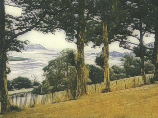 A drawing of a view over the estuary, photo converted to art.