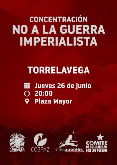 Cartel de la concentración convocada por el Rincón Cubano Granma, CosPaz, Interpueblos y Comité de solidaridad con los pueblos. Fondo de una explosión con un filtro rojo, todos los demás elementos en blanco.