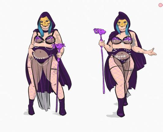 Two coloured illustrations of female in skeletor cosplay. Standing poses