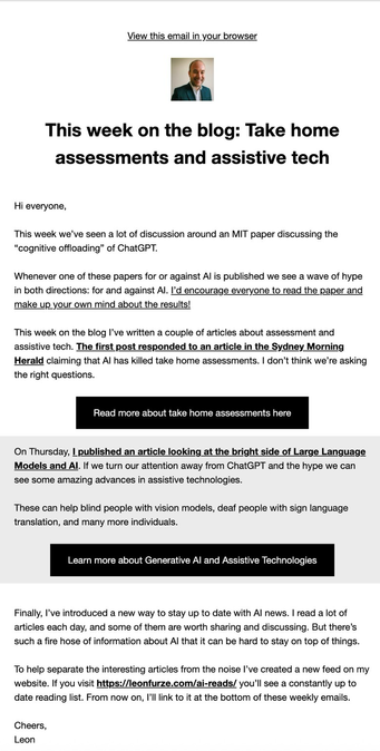 Screenshot of Leon furze’s weekly newsletter 
