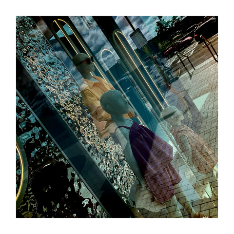 two mannequins in a shop window staring out at the dummies 