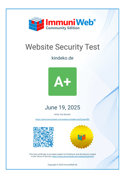 Zertifikat des ImmuniWeb Website Security Tests für kindeko.de mit der Bewertung A+ vom 19. Juni 2025. In der Mitte ein grünes Feld mit der Note „A+“, darunter ein QR-Code und ein goldfarbenes Siegel. Im oberen Bereich das Logo von ImmuniWeb Community Edition.