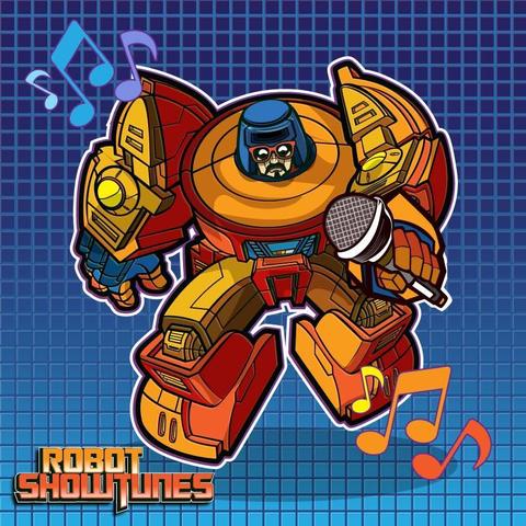 An Illustration of G1 Cosmos in robot mode. Instead of his usual G1 color scheme, he is predominantly orange here with blue accents. He is sporting orange glasses and a trim mustache and beard. In his left hand is a wireless microphone.