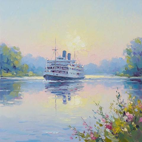 A serene river scene features a large steamboat sailing through calm waters, surrounded by lush trees on either side. The soft, pastel tones of the sky and the gentle ripples in the water create a peaceful and dreamy atmosphere.