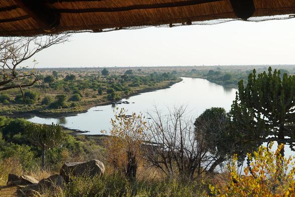 A late-afternoon view from up a hill, overlooking a dam reflecting a hazy grey-blue sky, surrounded by low scrubby bush. There is a succulent tree silhouetted on the right.