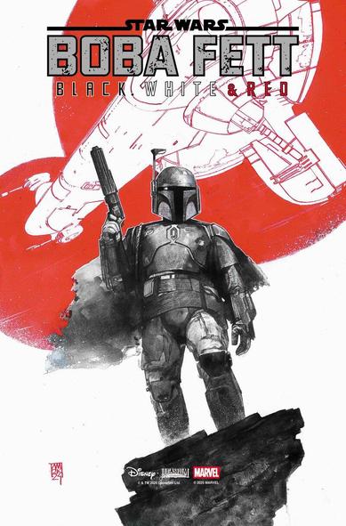[FR] Couverture de la série Star Wars Boba Fett Black White Red.
Le titre de la série est en haut de l'image, en noir, en gris, et en rouge.
Le fond de l'image comporte le Skipray (ou Slave I pour les plus vieux) de Boba Fett.
À l'avant plan et au centre, en gris ou teintes de noir, il y a Boba Fett  tenant son blaster de la main droite, il semble être sur un rocher ou quelque chose de rocailleux.