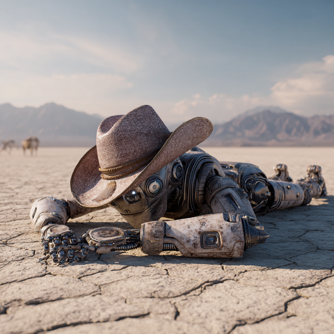 Midjourney Prompt: Sleeping robot with a weathered cowboy hat, lying motionless on a cracked, arid desert landscape with no grass, detailed cracks in the dry earth under a clear, vast sky, cinematic lighting, realistic textures, and soft shadows for a serene yet desolate atmosphere --v 7