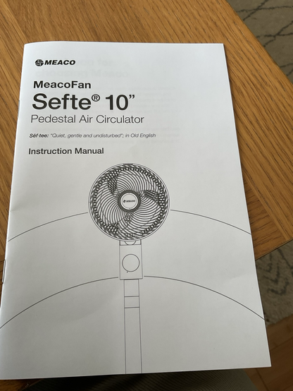The instruction manual for the Meaco Sefte fan.