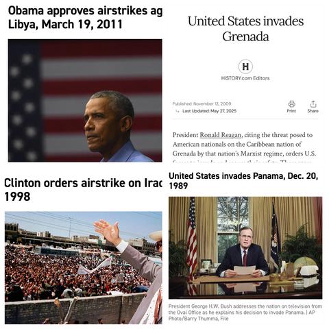 Four screenshots 

	1.	Top-left: A photo of Barack Obama with the headline, “Obama approves airstrikes against Libya, March 19, 2011.”
	2.	Top-right: A screenshot from History.com titled, “United States invades Grenada,” with a summary explaining Reagan ordered the invasion.
	3.	Bottom-left: A photo of Bill Clinton addressing a crowd, captioned “Clinton orders airstrike on Iraq, 1998.”
	4.	Bottom-right: A photo of George H.W. Bush at his desk in the Oval Office with the headline, “United States invades Panama, Dec. 20, 1989.”

But if you want to scream on message may I recommend Bluesky? 
