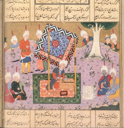 The legend of the invention of Nard at Persian court as an answer to the arrival of Chess from India, has been often illustrated in the Muslim world.
http://history.chess.free.fr/chatrang.htm
