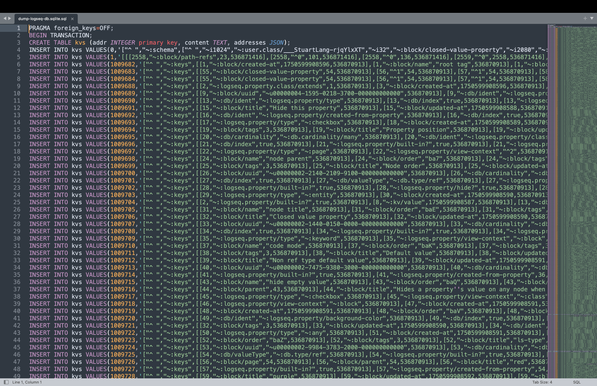 Text editor screenshot of the dump of the sqlite file into a sql file.