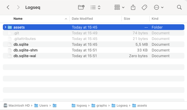 MacOS finder view of the graph folder logseq uses to store the graph. You can see an assets folder and a db.sqlite file.