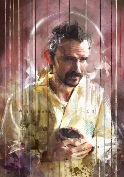 Portrait of Jeremy Davies as Peter Bernardone. He is wearing a yellow inmate uniform and he has short hair, a little shorter to the sides. He has a moustache and a little bit of beard. He is gently holding a tiny mouse. A shiny white halo surrounds his head.