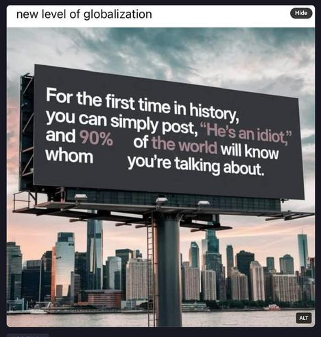 Image of a large billboard with a city in the background and words

“ For the first time in history, you can simply post, "He's an idiot," and 90% of the world will know
whom
you're talking about.”