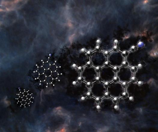 An artist's impression of the newly identified, largest polycyclic aromatic hydrocarbon detected to date, cyanocoronene. This molecule, composed of seven interconnected benzene rings and a cyano group (C₂₄H₁₁CN), was found in the cold, dark molecular cloud TMC-1, a region known for its rich chemistry and as a cradle for new stars.  Credit: NSF/AUI/NSF NRAO/P.Vosteen