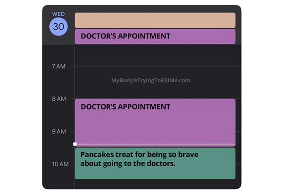 a scheduling app

wed 30 doctor's appointment

8am - 9am - doctor's appointment

10 am - pancakes treat for being so brave about going to the doctors