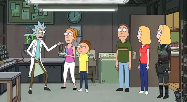 Video clip from Rick and Morty episode “Solaricks”, Rick, Summer, Morty Jerry and Beth and standing in Rick’s garage.

Rick (raising hands above head) “here we GOOOOOoooooooooooooo (trailing off, as Rick, Morty and Jerry continue pulsing green)
…
Jerry: “so there WAS time to explain”

Rick: “don’t waste precious seconds with your pettiness”