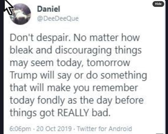 Screenshot of post 

“ Don't despair. No matter how bleak and discouraging things may seem today, tomorrow
Trump will say or do something that will make you remember today fondly as the day before things got REALLY bad”