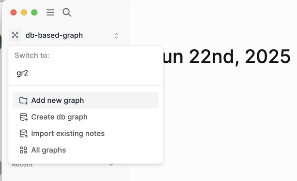 Logseq menu with "Add new graph"and "Create DB graph" entries.