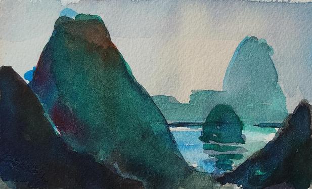 A watercolor landscape with a light gray background and several mountains arranged in an aesthetically pleasing way. Between the far mountains and the close mountains is a large rock reflecting off the water