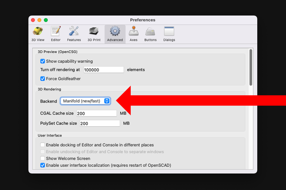 OpenSCAD preferences screen.