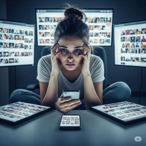Imagem de uma mulher com olheiras profundas, cansada e cercada de monitores e celulares.