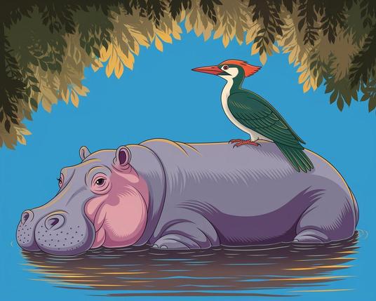 ①«Generated by ideogramai»
(Flat illustration, 80s pop illustration) A gentle hippopotamus rests in a quiet, shady pond, half-submerged in the water, beneath a spreading canopy of trees. An oxpecker with vibrant deep green feathers and a bright orange beak perches on the hippopotamus's back and tenderly grooms it. The 2D matte painting illustration is reminiscent of James Gurney's dreamy, ethereal textures, Simon Stahlenhag's detailed realism, and Reusch's expressive brushstrokes, with soft, feathery wind lines and a bright blue background that evokes feelings of freedom and exhilaration.
#本日の成果物 #aiartcommunity
