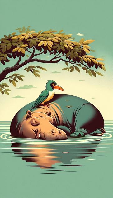 ②« Generated by MicrosoftDesigner »
**(Flat illustration, 80s pop illustration style)**  
A gentle hippopotamus rests peacefully in a calm, shaded pond, its body partially immersed in the cool water. Above, leafy tree branches offer shelter from the sun. Perched contentedly on the hippo’s back is an oxpecker with deep green feathers and a bright orange beak, grooming its companion with care. The illustration has a matte 2D finish with soft brush textures, crisp outlines, and warm, bright colors. Wispy wind lines curl through the scene, and a soft blue sky in the background adds a refreshing, breezy feeling.