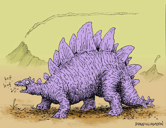 Violet stegosaurus coughing in a hazy landscape