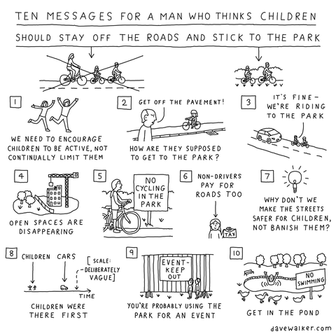 Black and white cartoon with title 'Ten messages for a man who thinks children should stay off the roads and stick to the park' (text below).  Text of image: 1. We need to encourage children to be active, not continually limit them 2. How are they supposed to get to the park (man saying 'get off the pavement') 3. Two bike riders: 'It's fine, we're riding to the park' 4. Open spaces are disappearing (building site with crane) 5. 'No cycling in the park' notice 6. Non-drivers pay for roads too (person with tax envelope) 7. Why don't we make the streets safer for children, not banish them? 8. Children were there first (time line showing this, with 'scale deliberately vague') 9. You're probably using the park for an event 10. Get in the pond (Man in pond. There are ducks.) 