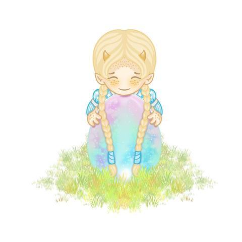 Drawing of a young human-ish girl with long, pale blonde braids, small gold forehead horns, and golden scales on her cheeks and hands. Her eyes are closed and she is smiling. She is kneeling behind and holding a large, opalescent egg in the grass.