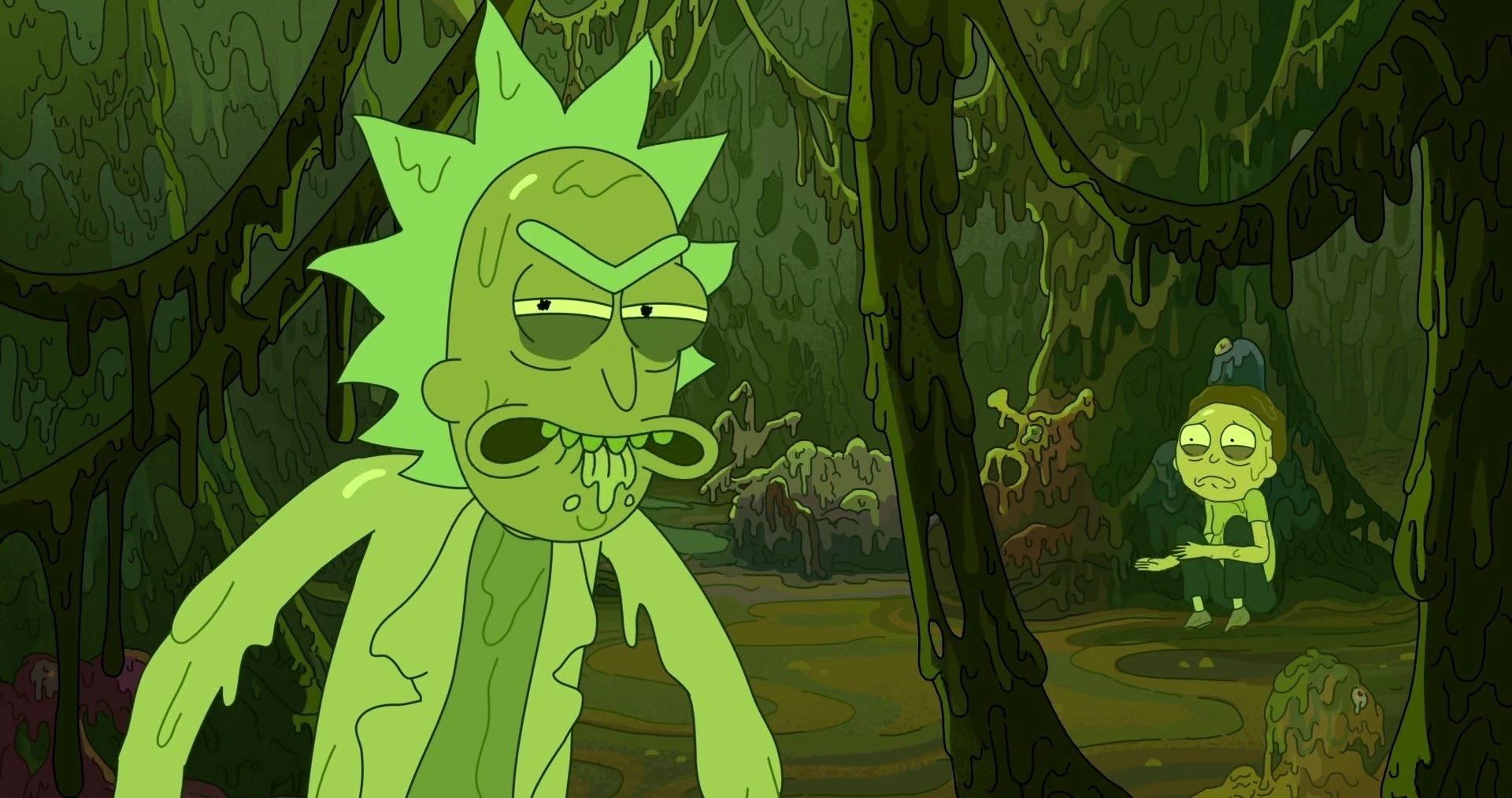 Screenshot of episode. Both Rick and Morty are in a green slug world with dark circles under their eye. Rick looks angry and Morty looks scared. 