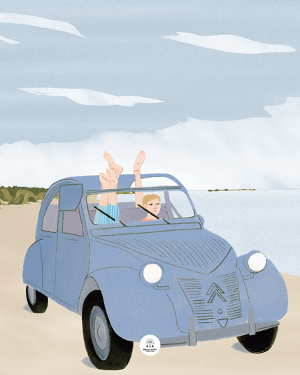 A vintage-style illustration of a classic Citroën 2CV parked on a beachside road, with smiling passengers inside. The scene captures a peaceful seaside moment, in soft, timeless shades of beige and blue — evoking retro summer vibes and quiet joy.