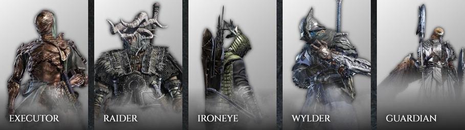 A screenshot showing most of the Elden Ring Nightreign Nightfarer lineup: Executor, Raider, Ironeye, Wylder, and Guardian