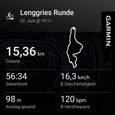 Evening cycling route 'Lenggries Runde' completed on June 22, covering 15.36 km in under an hour with steady pace and heart rate, highlighting a scenic and active ride through gentle elevations.