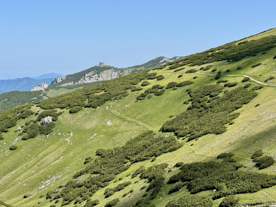 View over a mountainside, green with grass and bushes. A rocky path leads to a mountain hut on a hilltop in the distance. Blue sky.